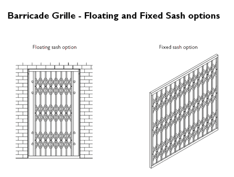 Floating and fixed sash options Technical drawing of a retractable collapsible security gate with Floating and fixed sash options.