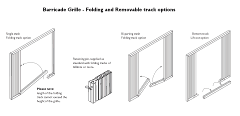 Folding and removable track options Technical drawing of a retractable collapsible security gate with folding and removable options.