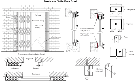 Face fixed layout Technical drawing of a retractable collapsible security gate in face fixex position.