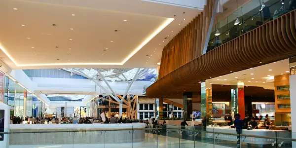 Part of Westfield shopping Centre's interior design with wide open spaces and a playfull interplay between straight and naturally curved lines
