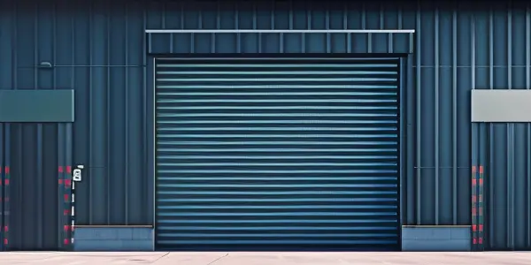 Blue industrial roller shutter door on a warehouse entrance