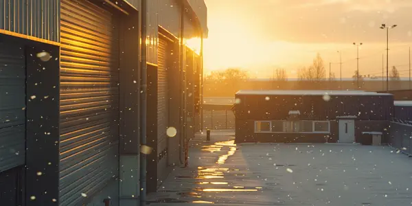 Industrial roller shutters in snowy weather.