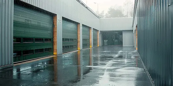 Row of sectional overhead doors on a rainy day