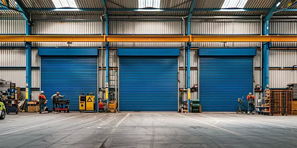 Spacious factory hall with a set of three insulated roller shutters.