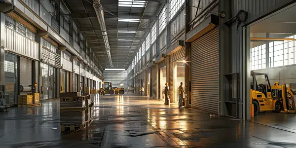 Workshop units with metal roller shutters in an industrial hall with forklifts and people working.