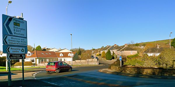 Roundabout in Ivybridge with roads leading to Plymouth, Ermington and Westlake