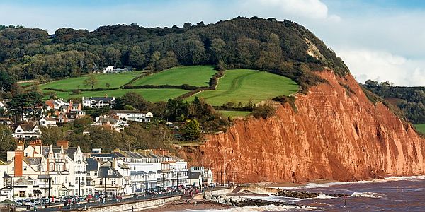Sidmouth's seafront and Salcombe Hill seen from the sea