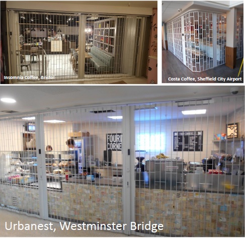 Two FlexiGlide classic chainlink sliding shutters, and a vision guard sliding shutter