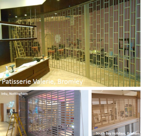 A curved Vision Guard FlexiGlide sliding shutter and two punched aluminium roller shutters.